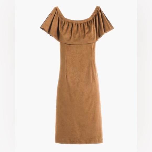 NWT Chico's Ginerbread Brown Off Shoulder Faux-Suede Short Dress - Picture 3 of 7